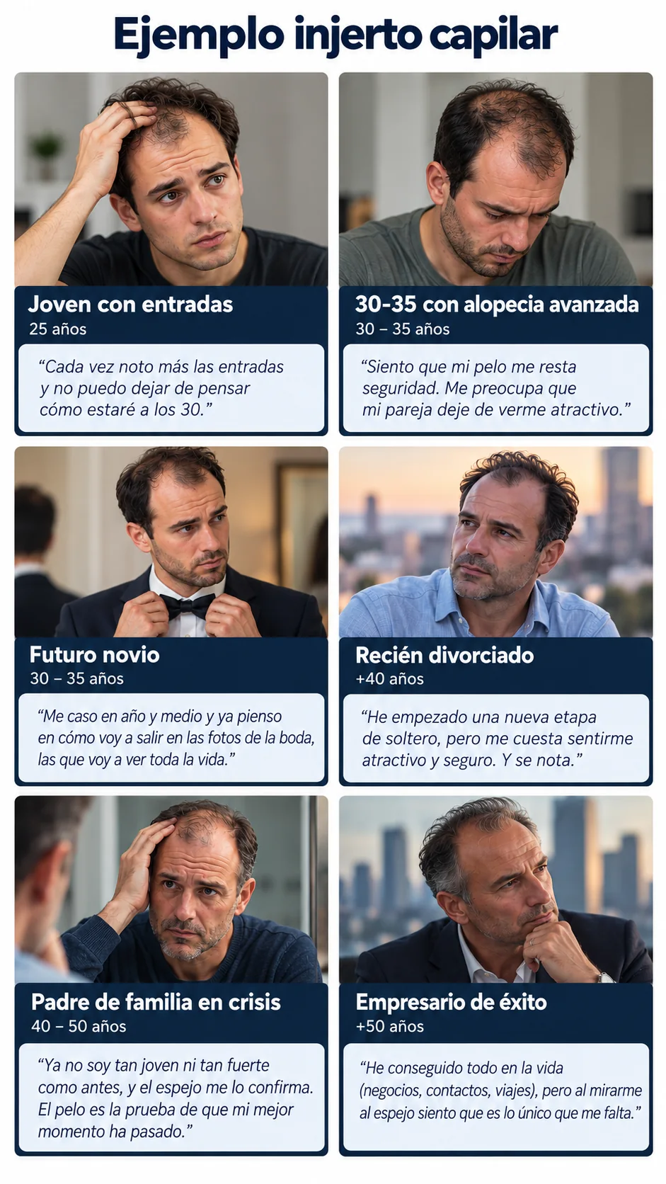 Ejemplo de injerto capilar: seis perfiles de paciente, del joven con entradas al empresario de éxito, cada uno con su edad y lo que le preocupa.